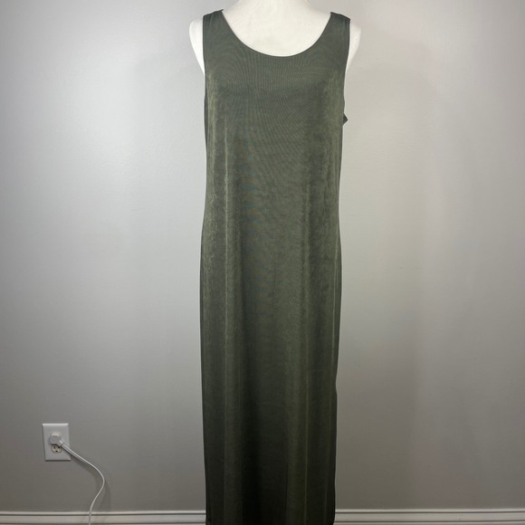 Chicos Olive Green Sleeveless Maxi Dress Side Slit Stretch Size 2 L 070-20C88624 - Picture 2 of 10
